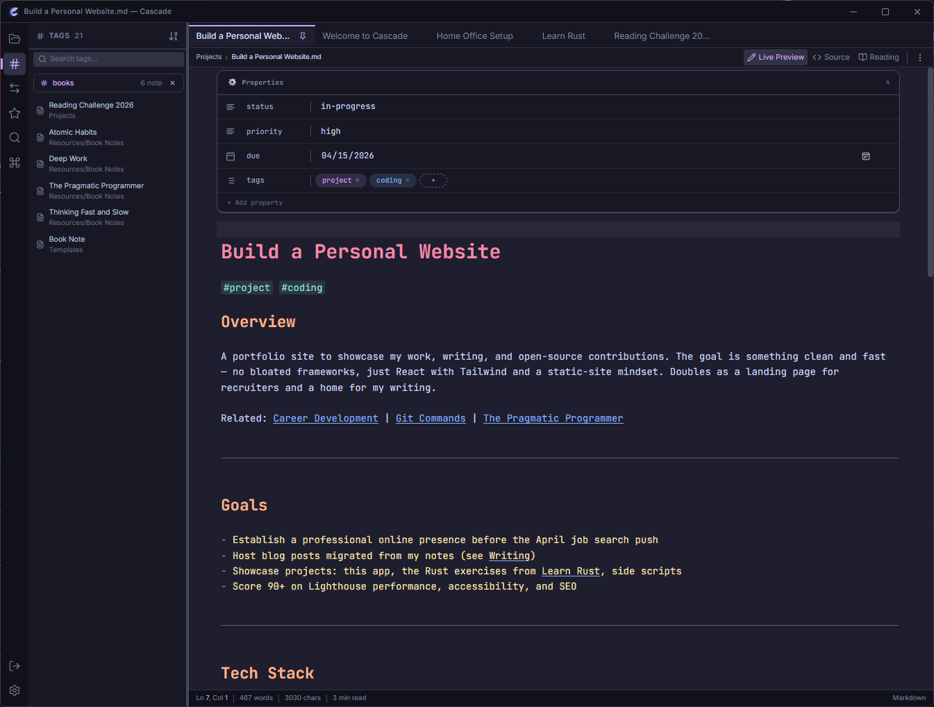 Cascade — Markdown editor with live preview, sidebar, and tabs
