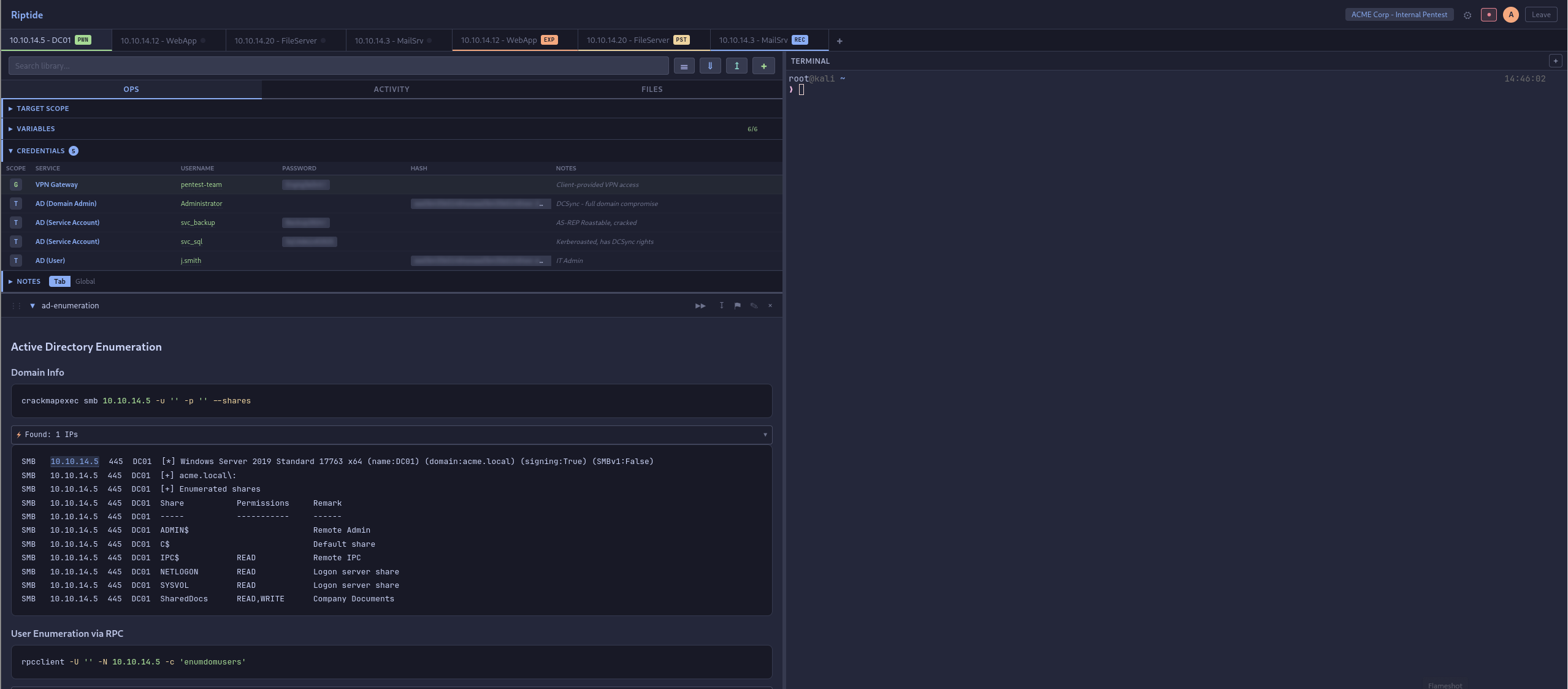 Riptide engagement workspace showing target tabs, playbook notes with run buttons, credential vault, and integrated terminal