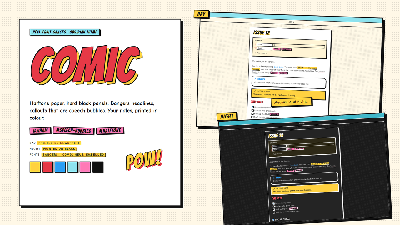 Comic theme poster: a comic panel with the wordmark, and the theme in day and night mode