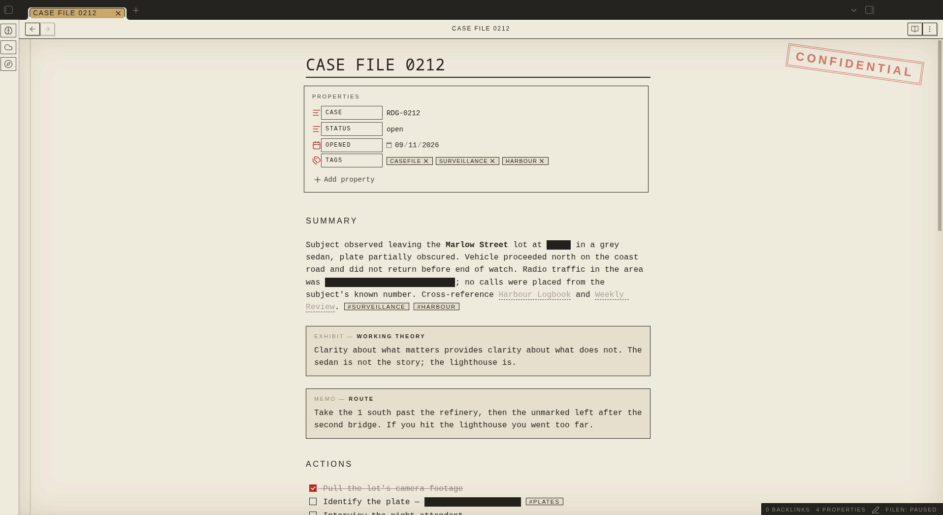 A case file in Dossier, day mode