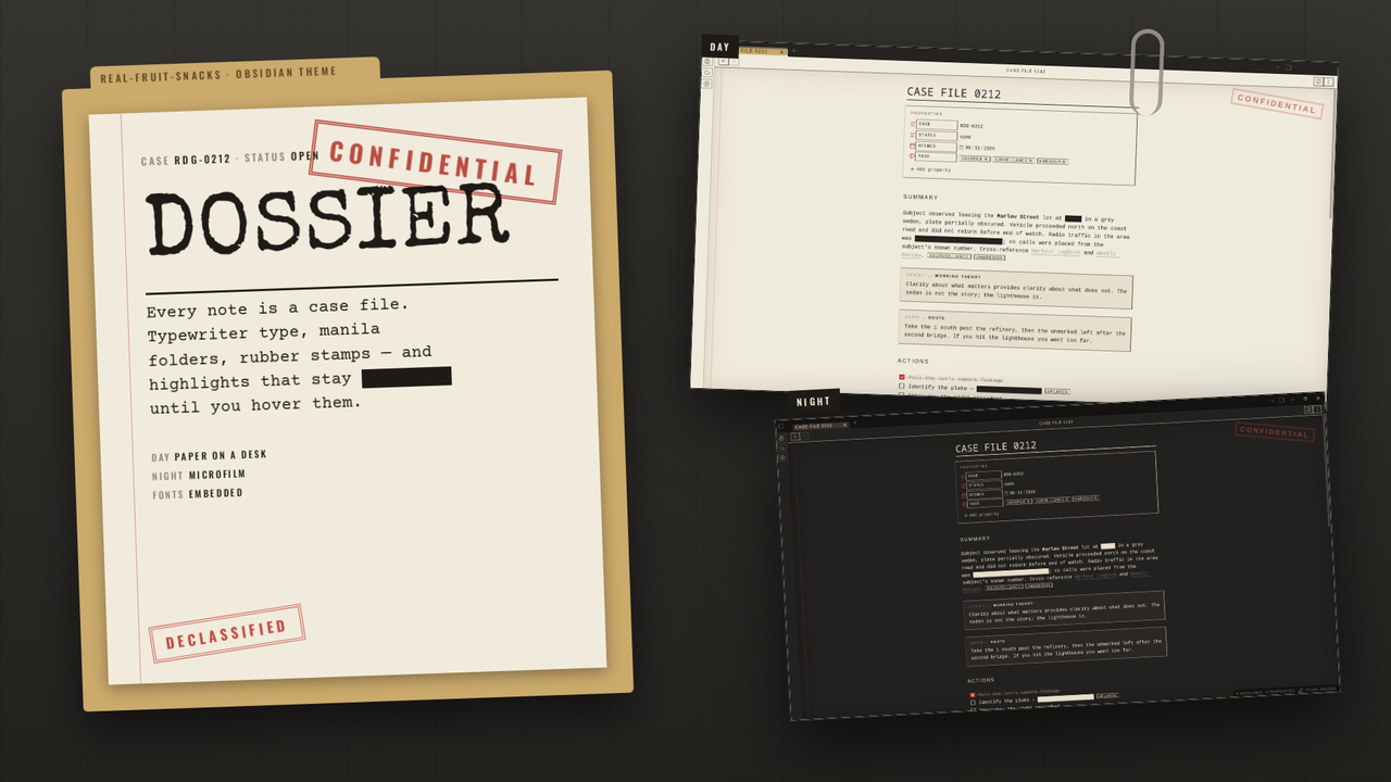 Dossier theme poster: a manila folder with a case file, and the theme in day and night mode