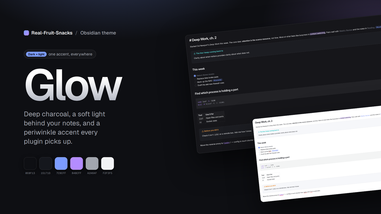 Obsidian with the Glow theme: a note beside the Thoughtbin timeline
