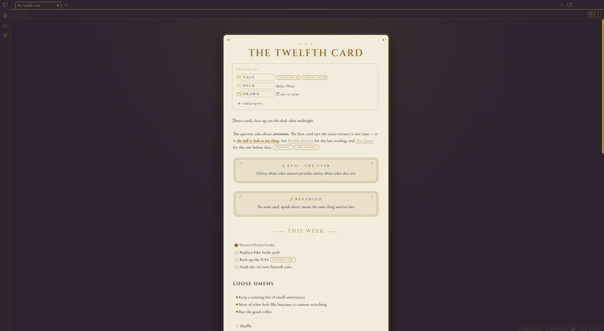 The same card in day mode: parchment on the desk