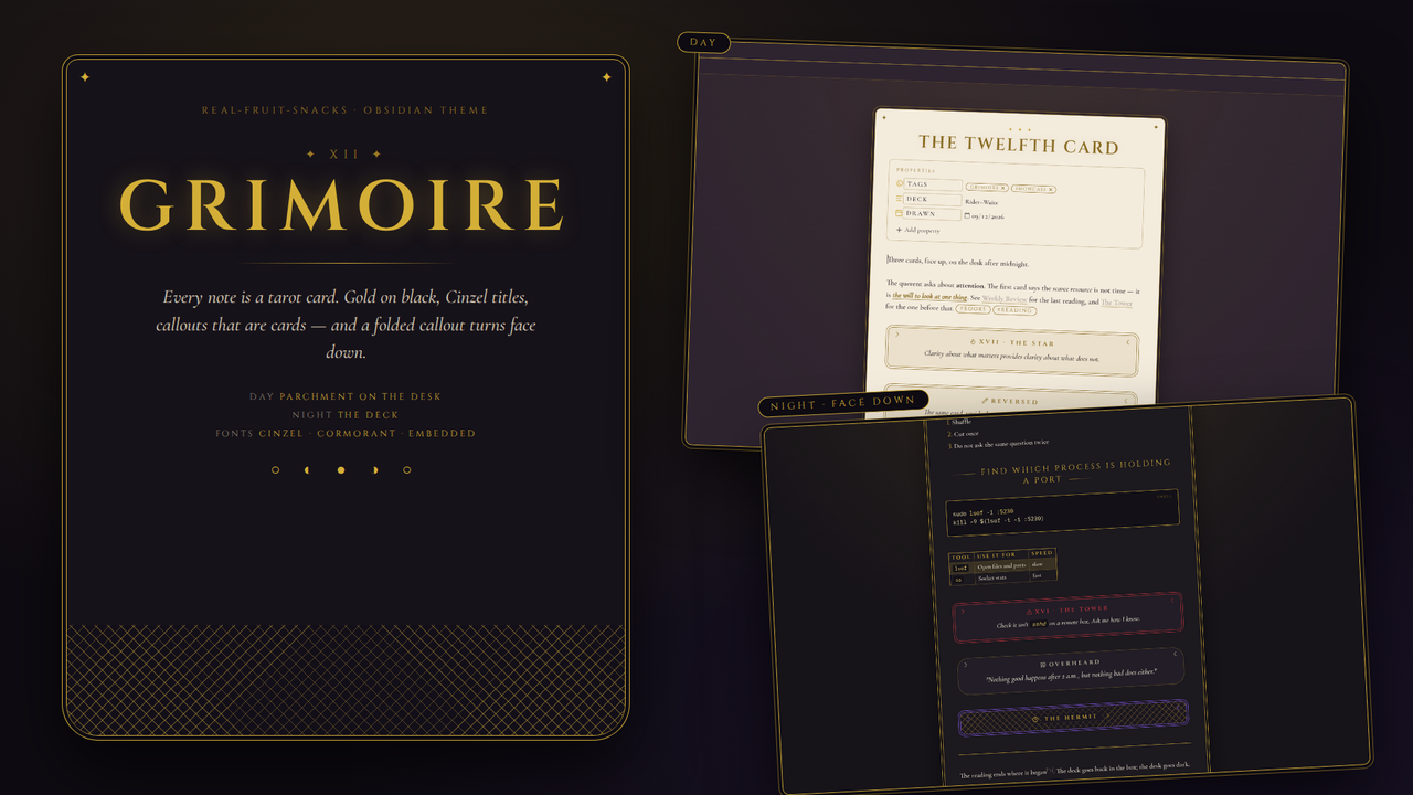 Grimoire theme poster: a gold-framed card with the wordmark, and the theme in day and night mode
