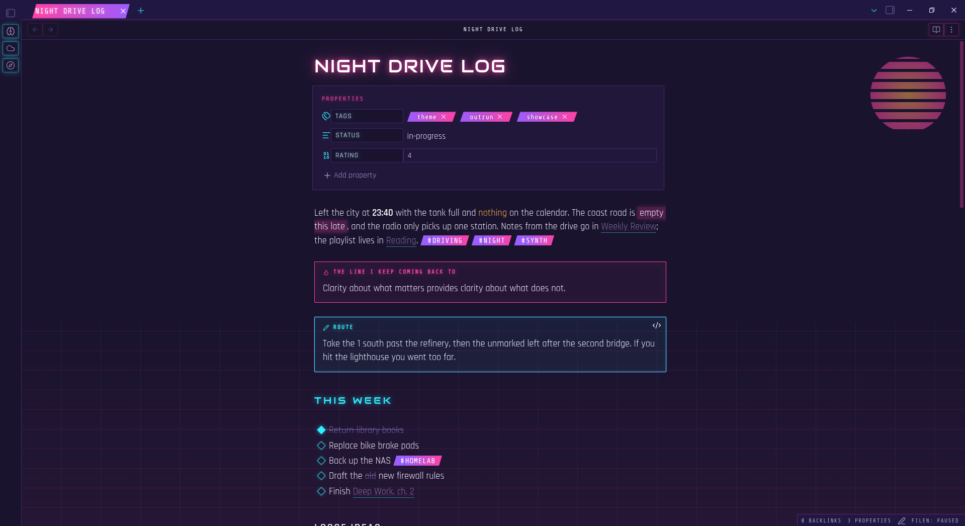 A full note in Outrun at night