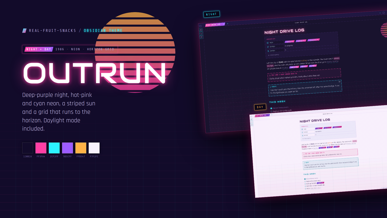 Outrun theme poster with a note in the theme