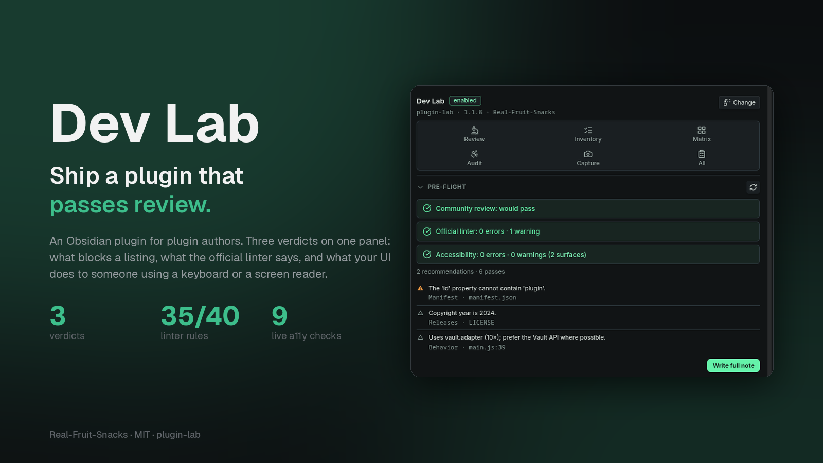 Dev Lab: ship a plugin that passes review — community review, official linter and accessibility on one panel