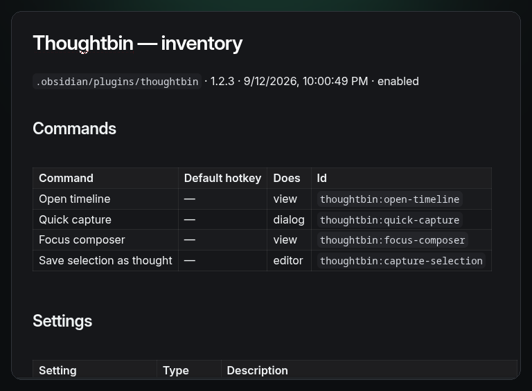 An inventory note: the plugin's commands with what each one does, then its settings