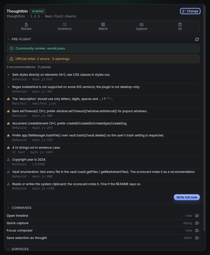 The panel: live pre-flight with both verdicts, then commands and surfaces