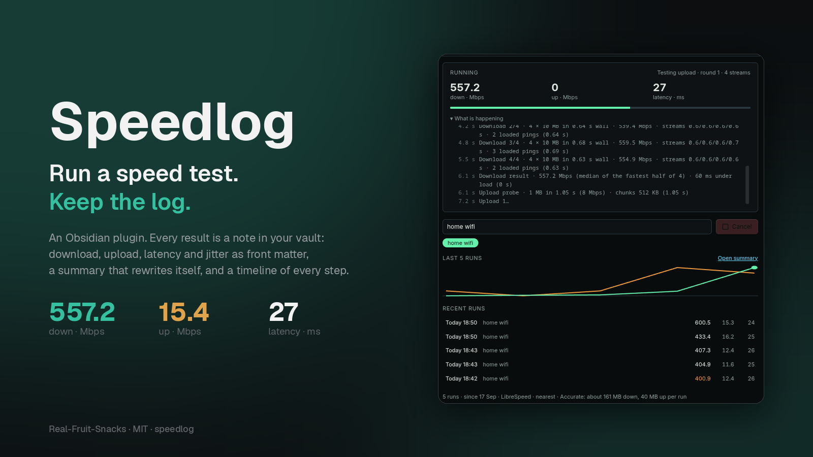 Speedlog: run a speed test, keep the log — the panel mid-run beside the summary note