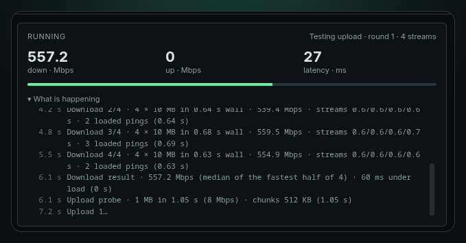 The Speedlog panel mid-run: live numbers, a progress bar and a step-by-step log
