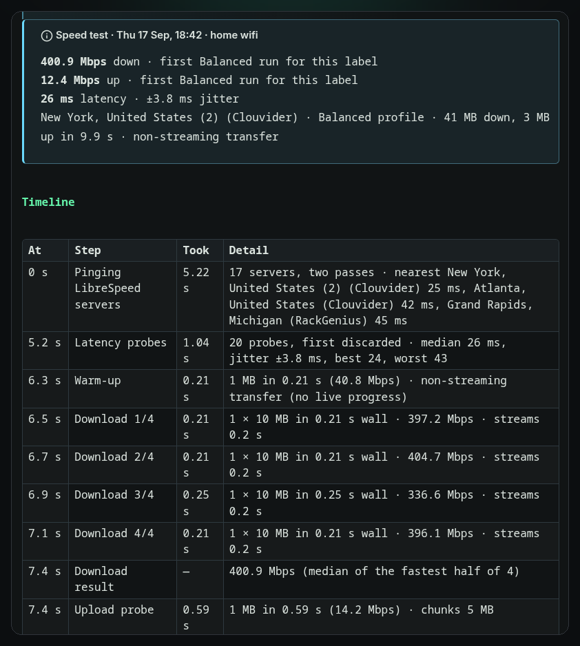 A run note in Reading view: the results callout and a timeline table of every step with its duration