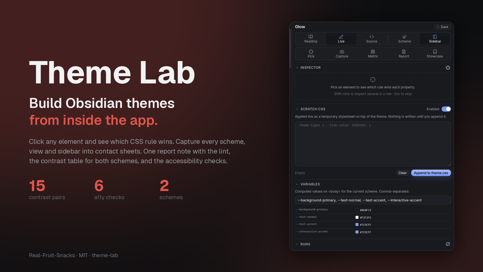 Theme Lab: build Obsidian themes from inside the app — the inspector panel with scratch CSS and variables