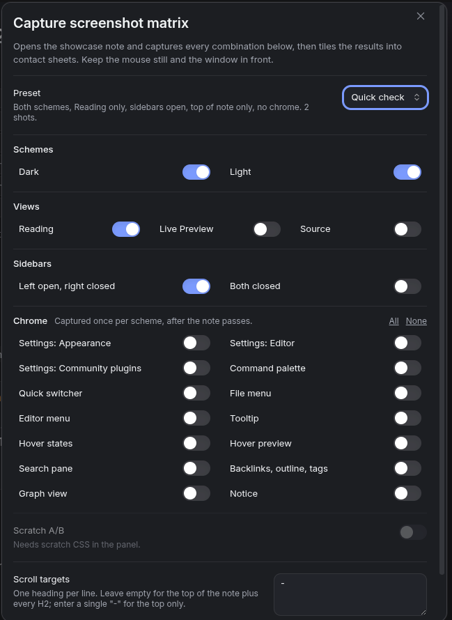 The capture matrix dialog with presets and toggles