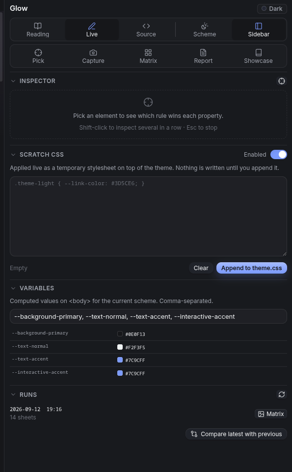 The Theme Lab panel: toolbar, inspector, scratch CSS, variables, runs