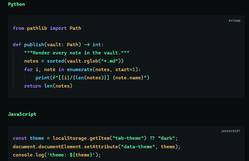 Framed Python and JavaScript code blocks with header bands and language labels
