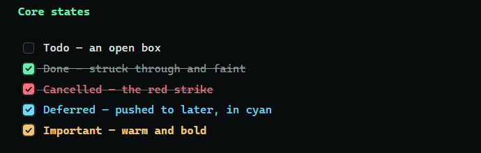 Custom task states: todo, done, cancelled, deferred, and important with distinct checkbox colors