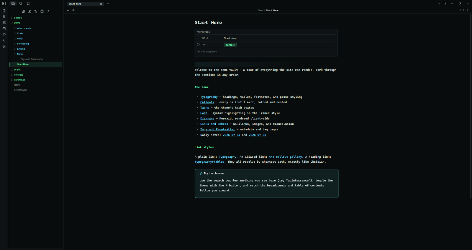 Terminal Workbench in dark mode — Obsidian with the file tree, tabs, breadcrumb, and a note open