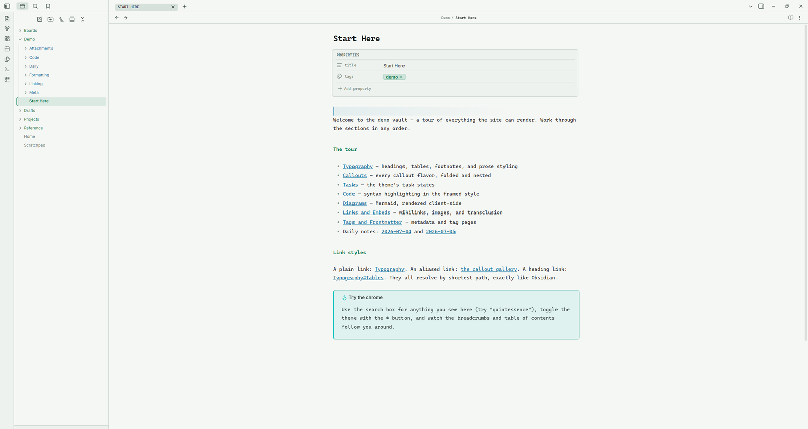 Terminal Workbench in light mode — the same Obsidian note in the light palette
