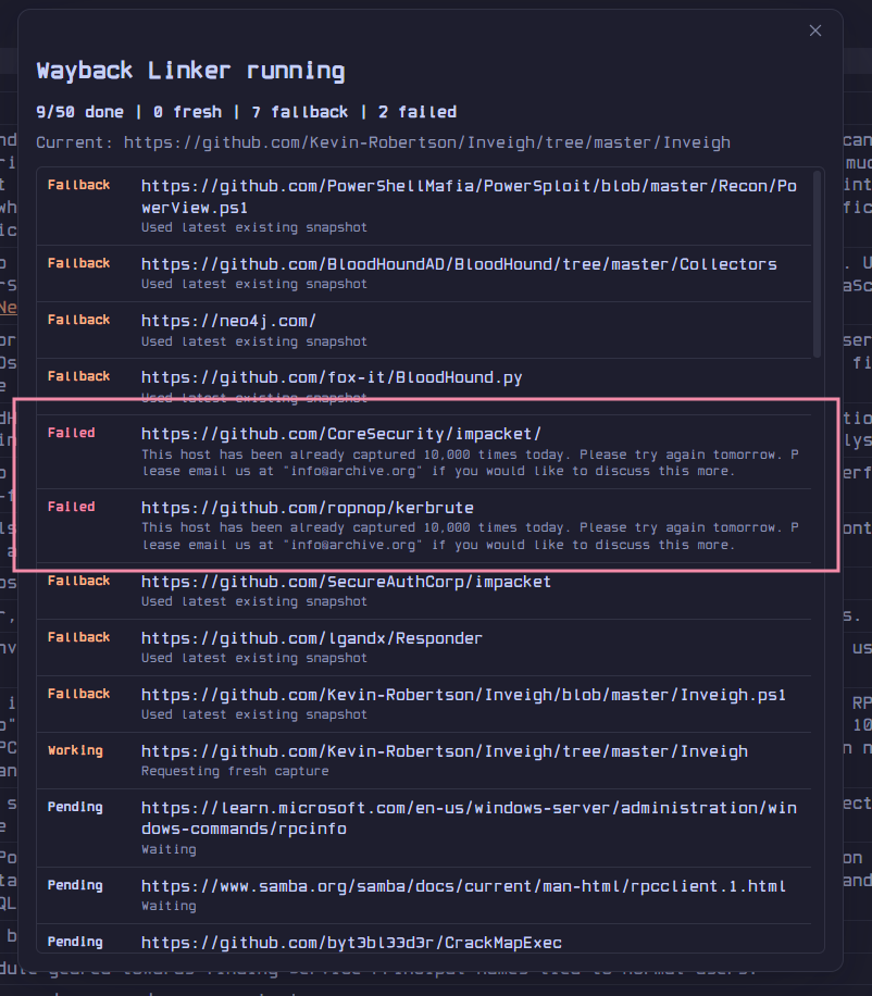 Wayback Linker progress window archiving URLs